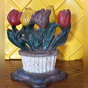 Antique Cast Iron Tulip Flower Basket Doorstop Vintage Painted Home Decor